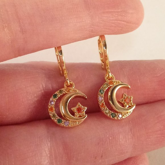 18K Yellow Gold Filled Layer Crescent Moon Star Diamond Zircon Dangle Earrings - Picture 3 of 4